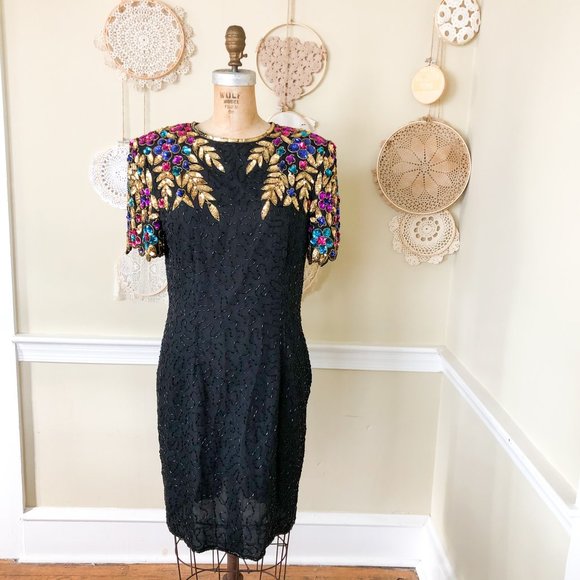 Vintage Dresses & Skirts - Vintage 1980s Rainbow Silk Beaded Sequin Dress 10